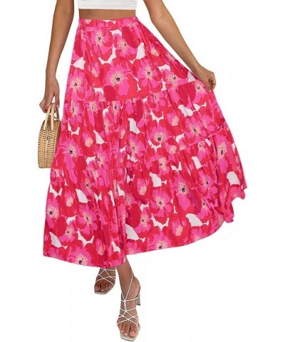 Women's 2024 Summer Plaid Flower Print Elastic High Waist Flowy A Line Maxi Skirt with Pockets Magenta $21.44 Skirts