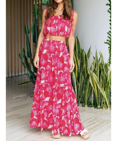 Women's 2024 Summer Plaid Flower Print Elastic High Waist Flowy A Line Maxi Skirt with Pockets Magenta $21.44 Skirts