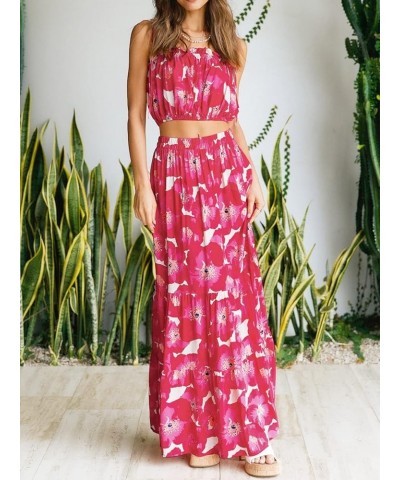 Women's 2024 Summer Plaid Flower Print Elastic High Waist Flowy A Line Maxi Skirt with Pockets Magenta $21.44 Skirts