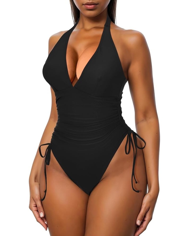 Womens One Piece Swimsuits Tummy Control High Waisted Bathing Suit Sexy V Neck Swimwear Black $14.28 Swimsuits