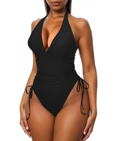 Womens One Piece Swimsuits Tummy Control High Waisted Bathing Suit Sexy V Neck Swimwear Black $14.28 Swimsuits