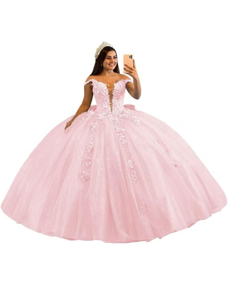 Luxury Tulle Quinceanera Dresses Ball Gown Puffy Sparkly Sweet 16 Dresses Floral Off Shoulder Prom Dress Y95 Blush Pink $71.5...