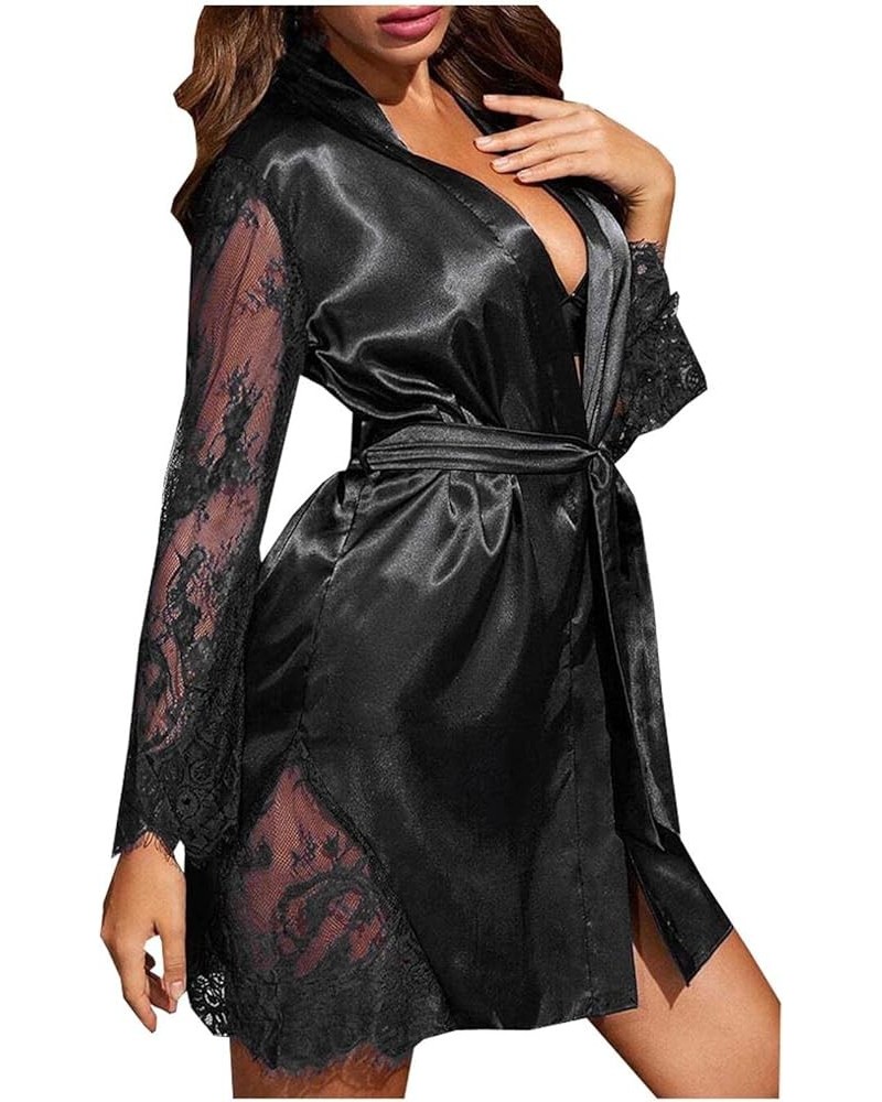 Sexy Nightgowns for Women Cardigan Lace Mesh Nightwear Sexy Lingerie for Women Nightdress Women's Sleepwear~88 Black $7.66 Sl...