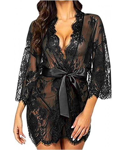 Women's Sexy Lingerie Lace Babydoll Sleepwear Mesh Chemise See Through Deep V Neck Nightgowns With Belt Thong Pants Black $7....