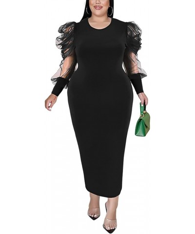 Women's Elegant Plus Size Dresses Sheer Mesh Puff Sleeve Tunic Bodycon Pencil Midi Dress Long Black $21.60 Dresses