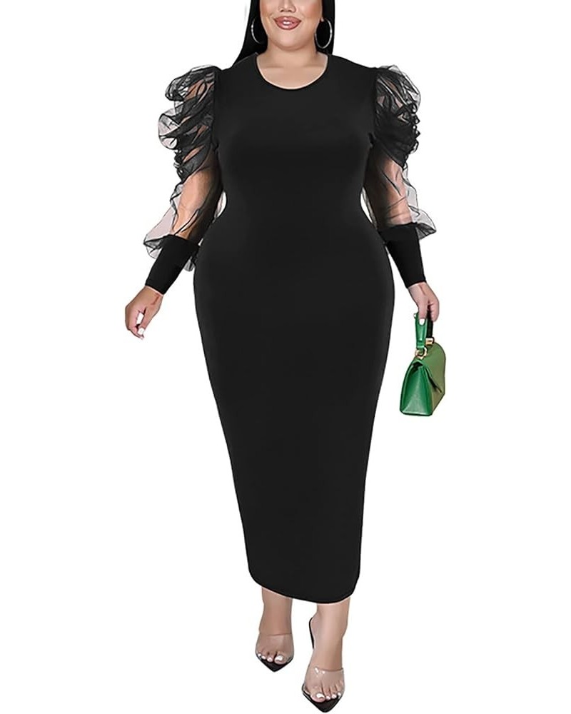 Women's Elegant Plus Size Dresses Sheer Mesh Puff Sleeve Tunic Bodycon Pencil Midi Dress Long Black $21.60 Dresses