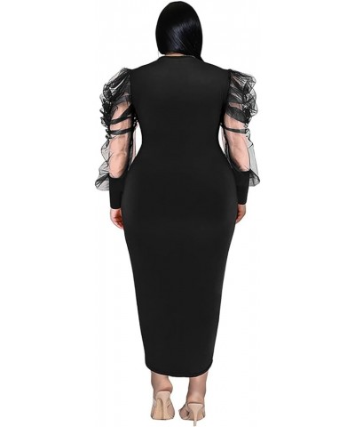 Women's Elegant Plus Size Dresses Sheer Mesh Puff Sleeve Tunic Bodycon Pencil Midi Dress Long Black $21.60 Dresses