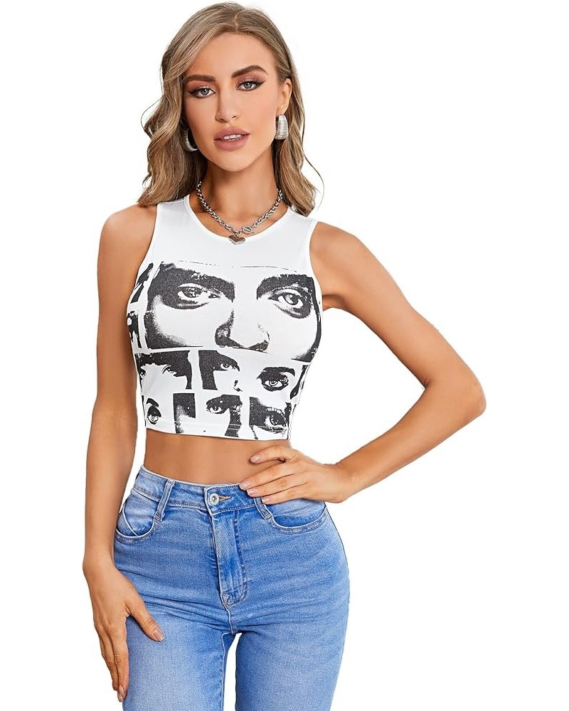 Women's Casual Figure Graphic Print Sleeveless Crop Tank Top White $11.73 Tanks