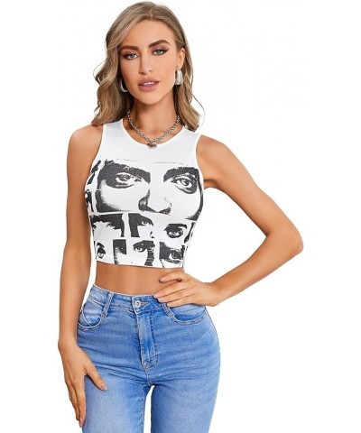 Women's Casual Figure Graphic Print Sleeveless Crop Tank Top White $11.73 Tanks