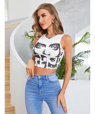 Women's Casual Figure Graphic Print Sleeveless Crop Tank Top White $11.73 Tanks