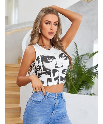 Women's Casual Figure Graphic Print Sleeveless Crop Tank Top White $11.73 Tanks