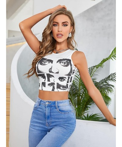 Women's Casual Figure Graphic Print Sleeveless Crop Tank Top White $11.73 Tanks