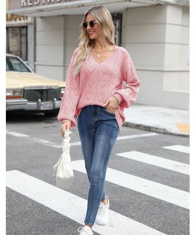 Women's Oversized Batwing Sleeve Crewneck Loose Hollow Knit Pullover Sweaters Tops Hollow Heart-pink $20.34 Sweaters