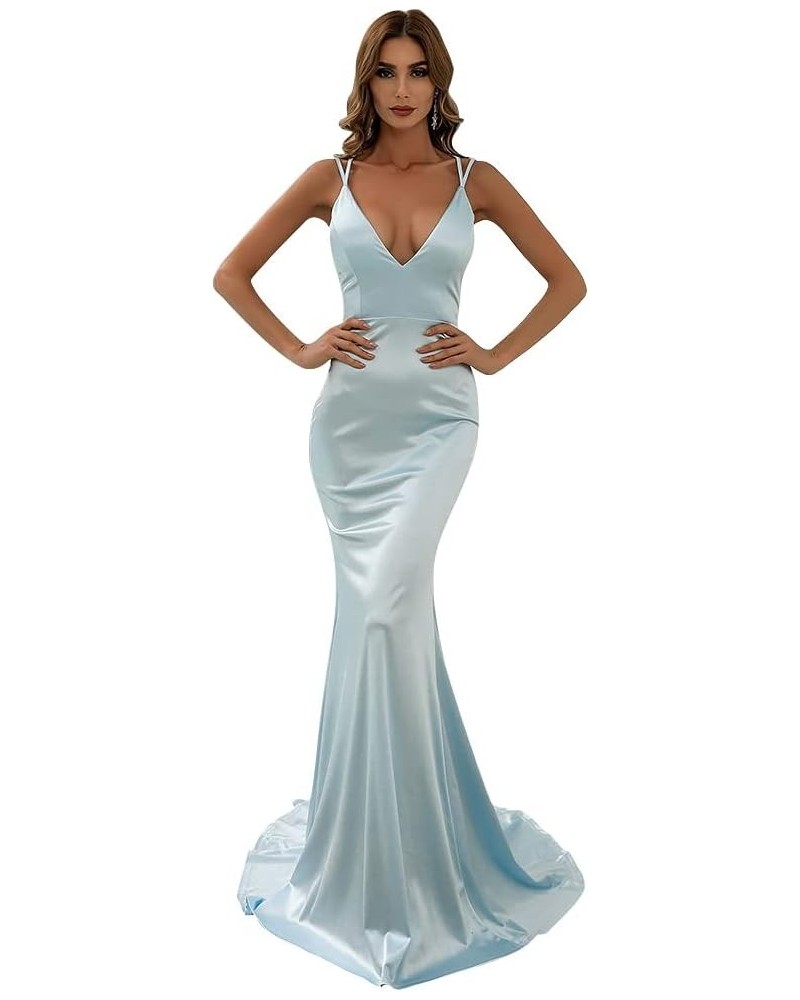 Women’s Formal Deep V Lace Up Satin Maxi Dress, Sexy Spaghetti Strap Mermaid Wedding Gown Blue $32.71 Dresses