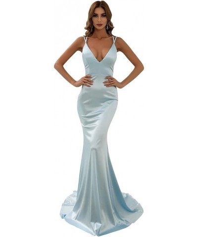 Women’s Formal Deep V Lace Up Satin Maxi Dress, Sexy Spaghetti Strap Mermaid Wedding Gown Blue $32.71 Dresses