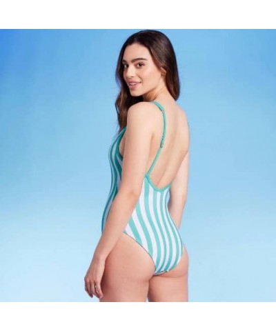 Women's V-Neck Over The Shoulder High Leg One Piece Swimsuit Bathing Suit Turquoise $12.19 Swimsuits