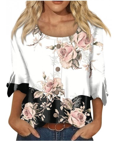 Western Tops for Women 3/4 Bell Sleeve Scoop Neck T-Shirts Flower Printed Button Up Blouses Business Casual Fall O17-white $8...