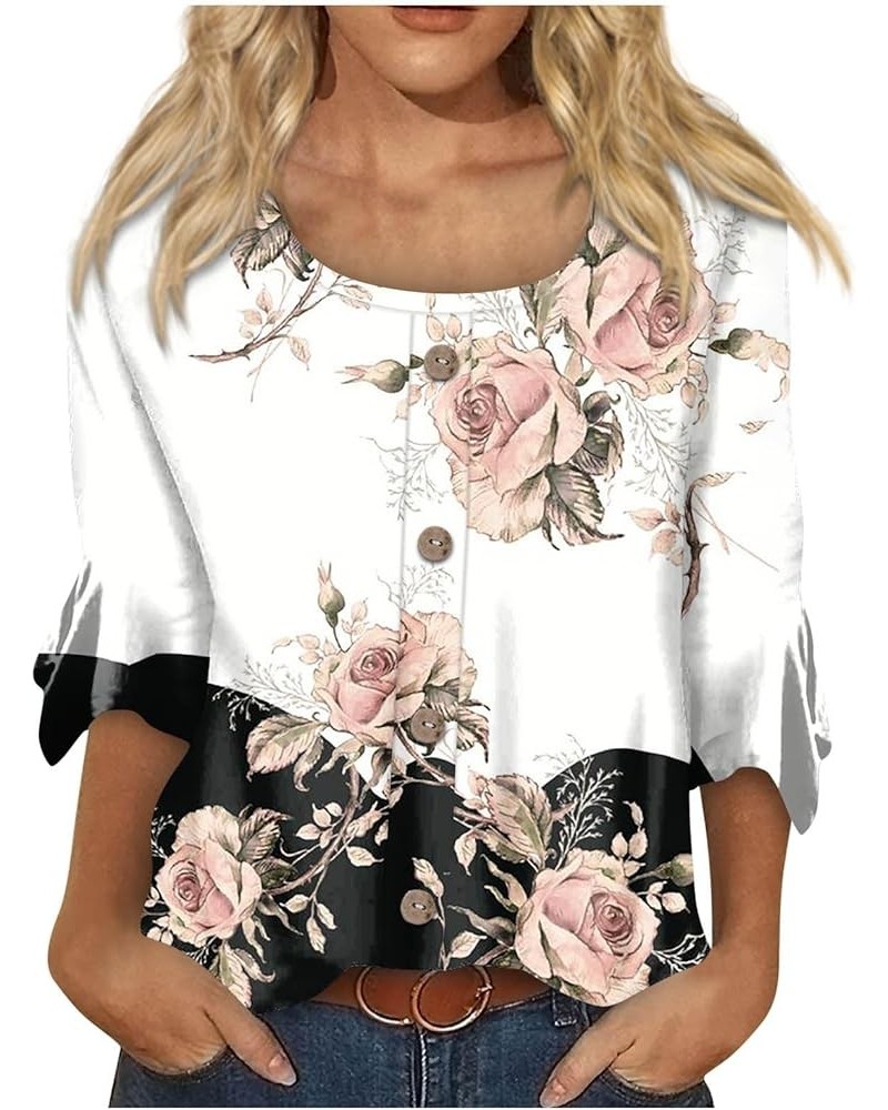 Western Tops for Women 3/4 Bell Sleeve Scoop Neck T-Shirts Flower Printed Button Up Blouses Business Casual Fall O17-white $8...