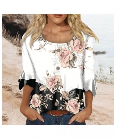 Western Tops for Women 3/4 Bell Sleeve Scoop Neck T-Shirts Flower Printed Button Up Blouses Business Casual Fall O17-white $8...