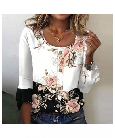 Western Tops for Women 3/4 Bell Sleeve Scoop Neck T-Shirts Flower Printed Button Up Blouses Business Casual Fall O17-white $8...