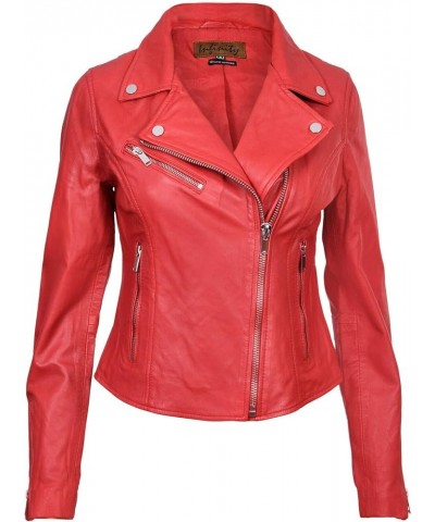 Ladies Leather Jacket Classic Biker Style Real Leather Womens Jacket Red $54.05 Coats