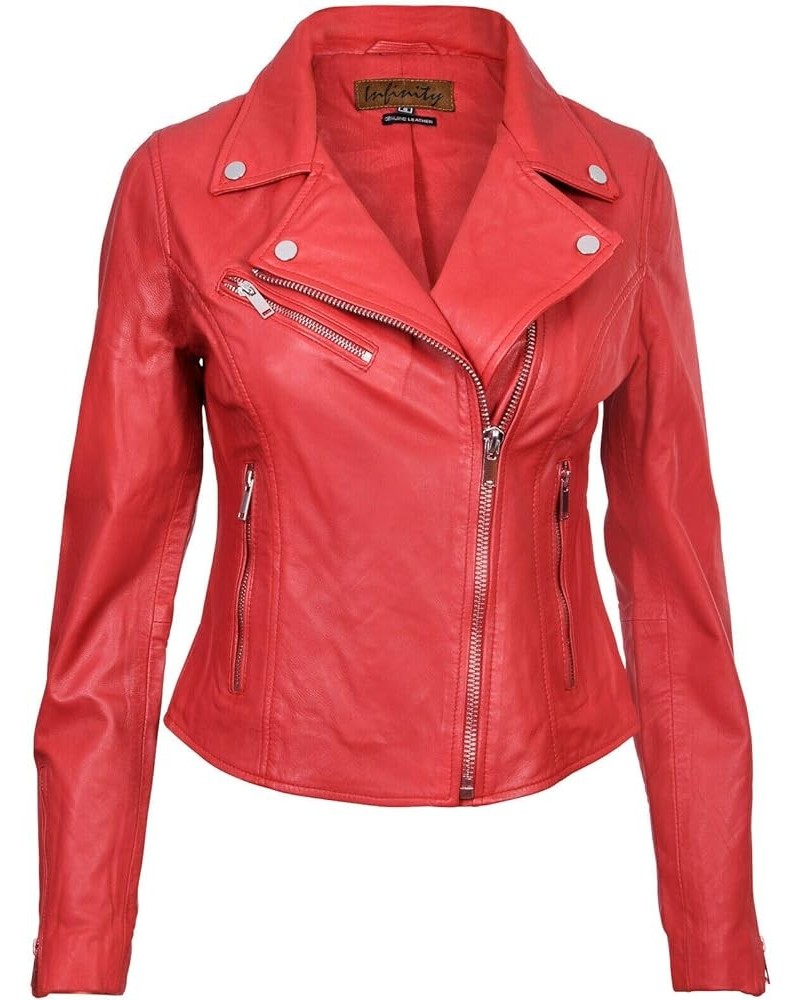 Ladies Leather Jacket Classic Biker Style Real Leather Womens Jacket Red $54.05 Coats