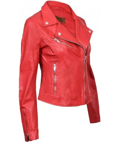 Ladies Leather Jacket Classic Biker Style Real Leather Womens Jacket Red $54.05 Coats