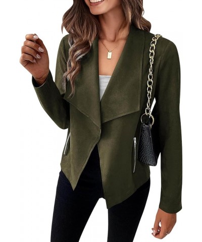 Womens Faux Suede Jacket Cropped Coat Long Sleeve Lapel Biker Moto Jacket Open Front Cardigan Fall Outwear with Pocket Army G...