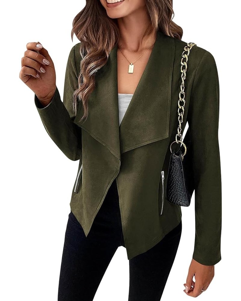 Womens Faux Suede Jacket Cropped Coat Long Sleeve Lapel Biker Moto Jacket Open Front Cardigan Fall Outwear with Pocket Army G...