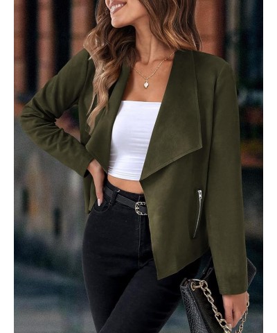 Womens Faux Suede Jacket Cropped Coat Long Sleeve Lapel Biker Moto Jacket Open Front Cardigan Fall Outwear with Pocket Army G...