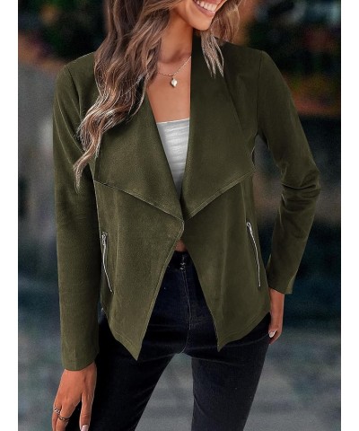 Womens Faux Suede Jacket Cropped Coat Long Sleeve Lapel Biker Moto Jacket Open Front Cardigan Fall Outwear with Pocket Army G...