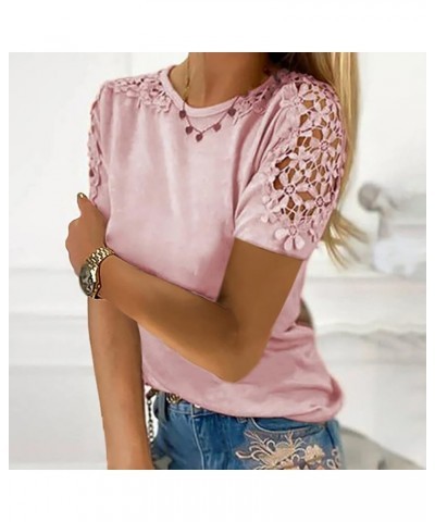 Women Lace Crochet Short Sleeve Shirts Solid Color Trendy Cute Summer Tshirt Tee Going Out Comfy Casual Shirt Blouse Pink 3 $...