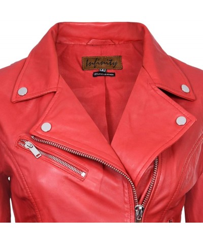 Ladies Leather Jacket Classic Biker Style Real Leather Womens Jacket Red $54.05 Coats