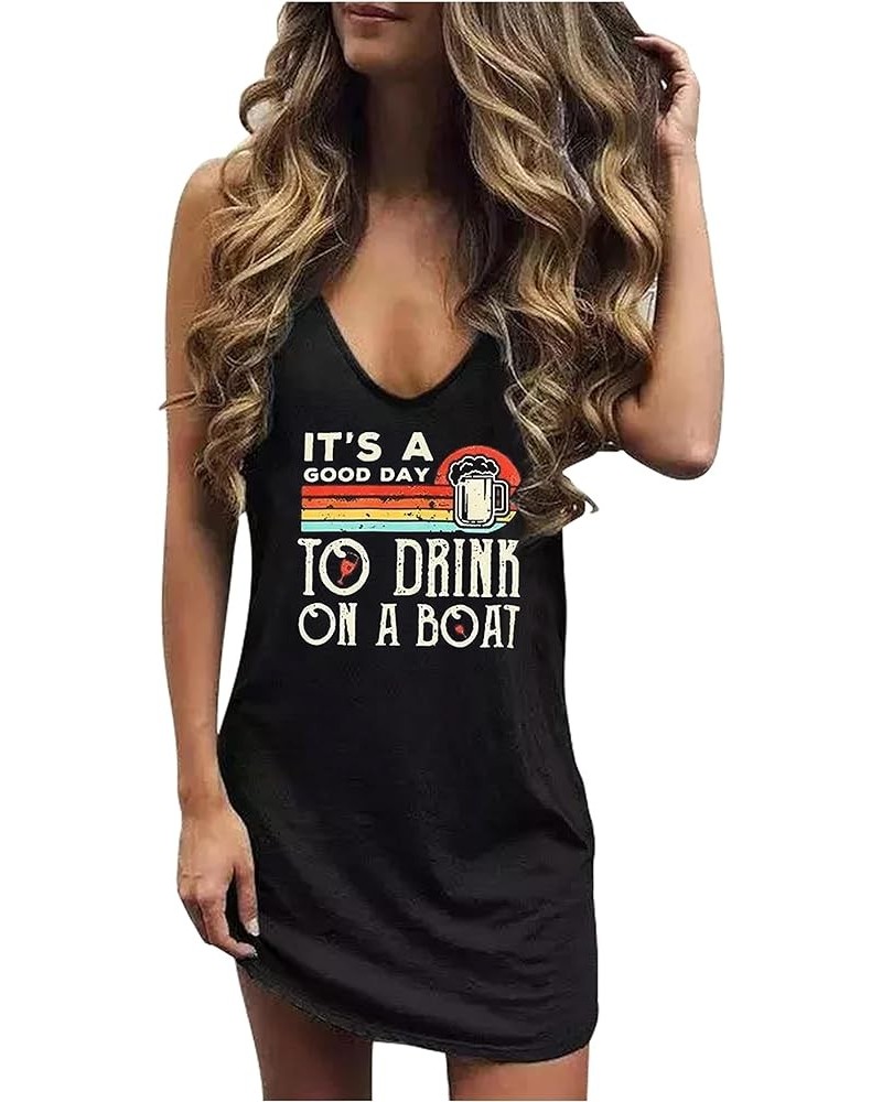 You Had Me at Day Drinking Mini Dress for Women Summer Sleeveless Deep V Neck Casual T Shirts Dresses Vintage Sundress Boat-b...