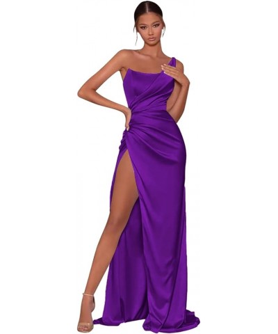 Women's One Shoulder Prom Dresses with Slit Satin Ruched Long Formal Party Evening Gowns Purple $30.10 Dresses