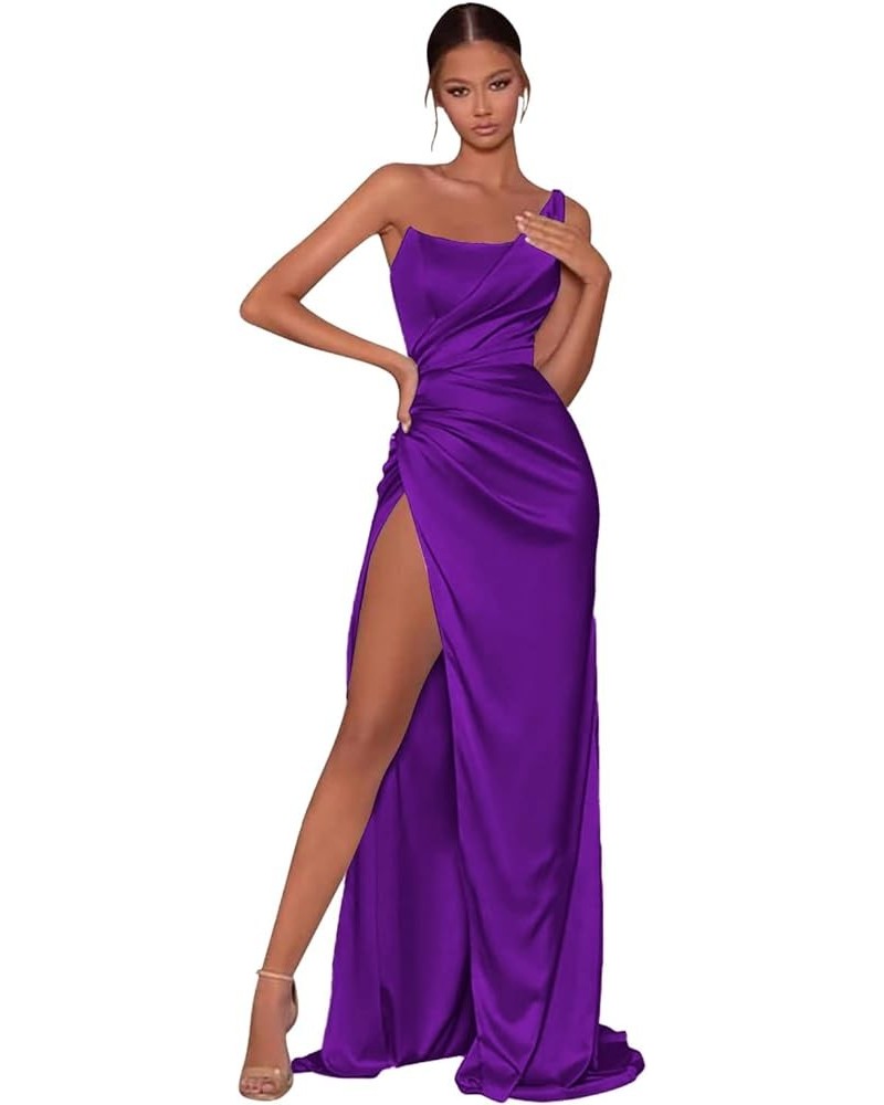 Women's One Shoulder Prom Dresses with Slit Satin Ruched Long Formal Party Evening Gowns Purple $30.10 Dresses