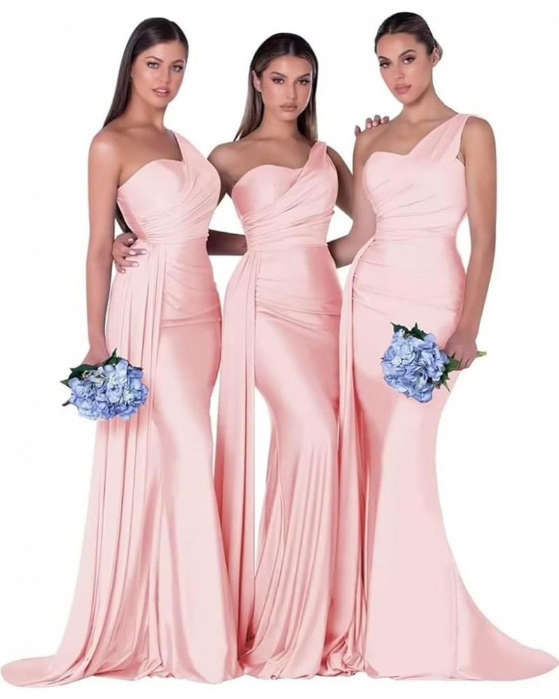 Mermaid Bridesmaid Dresses Long One Shoulder Satin 2024 Prom Dresses for Women Wedding Guest Gowns with Train Blush $32.50 Dr...