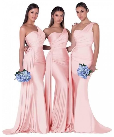 Mermaid Bridesmaid Dresses Long One Shoulder Satin 2024 Prom Dresses for Women Wedding Guest Gowns with Train Blush $32.50 Dr...