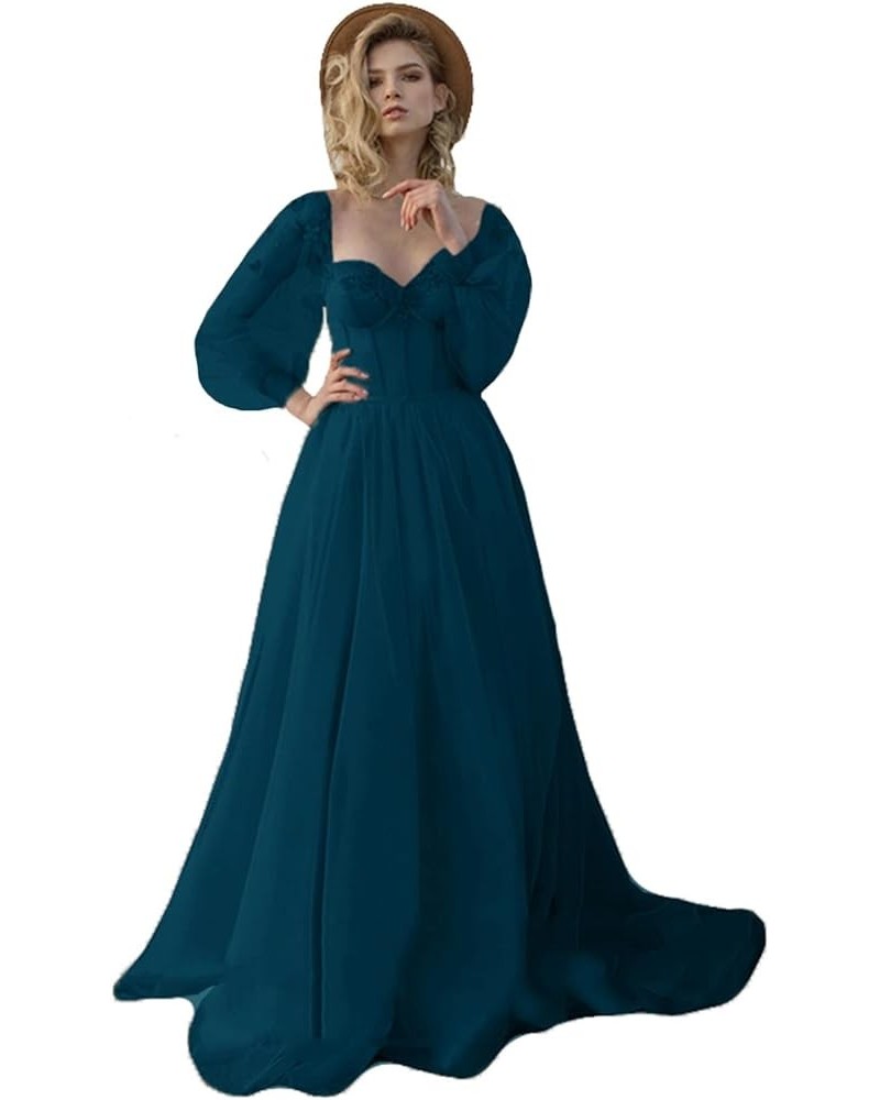 Vintage Puffy Sleeve Prom Dresses Ball Gown for Women Formal Long Sleeve Backless Evening Gown Teal $48.06 Dresses