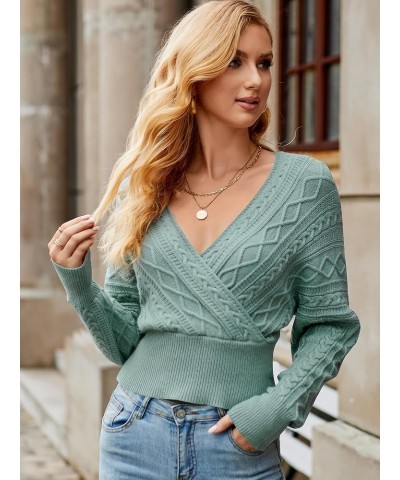 Women's V Neck Cable Knit Sweater Long Sleeve Ribbed Crop Tops Wrap Surplice Solid Casual Pullover Jumper 95_green $16.59 Swe...