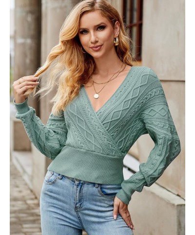 Women's V Neck Cable Knit Sweater Long Sleeve Ribbed Crop Tops Wrap Surplice Solid Casual Pullover Jumper 95_green $16.59 Swe...