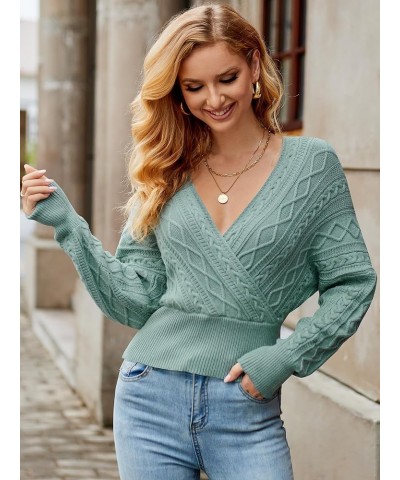 Women's V Neck Cable Knit Sweater Long Sleeve Ribbed Crop Tops Wrap Surplice Solid Casual Pullover Jumper 95_green $16.59 Swe...