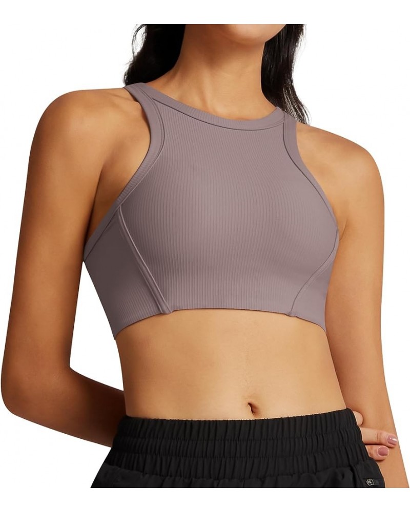 Womens High Neck Racerback Sports Bra Ribbed Yoga Bra Sleeveless Workout Crop Tops with Built in Bra 1 Mauve $17.69 Lingerie