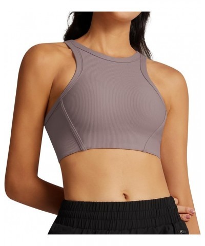 Womens High Neck Racerback Sports Bra Ribbed Yoga Bra Sleeveless Workout Crop Tops with Built in Bra 1 Mauve $17.69 Lingerie