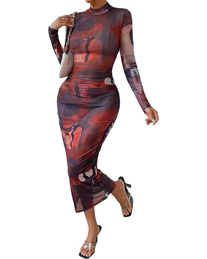 Women's Allover Print Long Sleeve Mock Neck Party Bodycon Long Dress Red Multi $17.60 Dresses