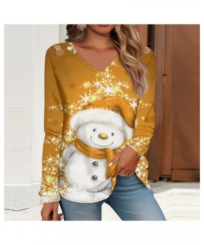 Christmas Sparkly Snowflake Print Tops,Women V Neck Long Sleeve Tshirts Casual Plus Size New Year Party Sweatshirt 2-orange $...