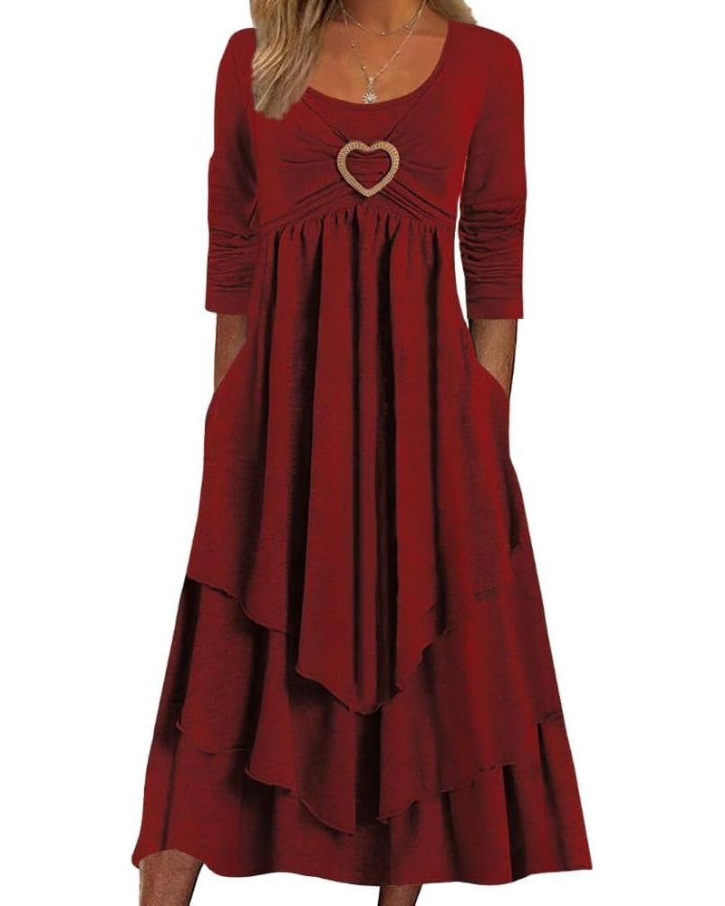 Womens Fall Dresses for Wedding Guest, Casual Plus Size Cross Button Long Sleeve Tiered Maxi Dress with Pockets Heart7red Win...