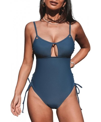 Women's One Piece Swimsuits Bathing Suits Scoop Neck Cutout Back Hook Drawstring Steel Blue $22.25 Swimsuits