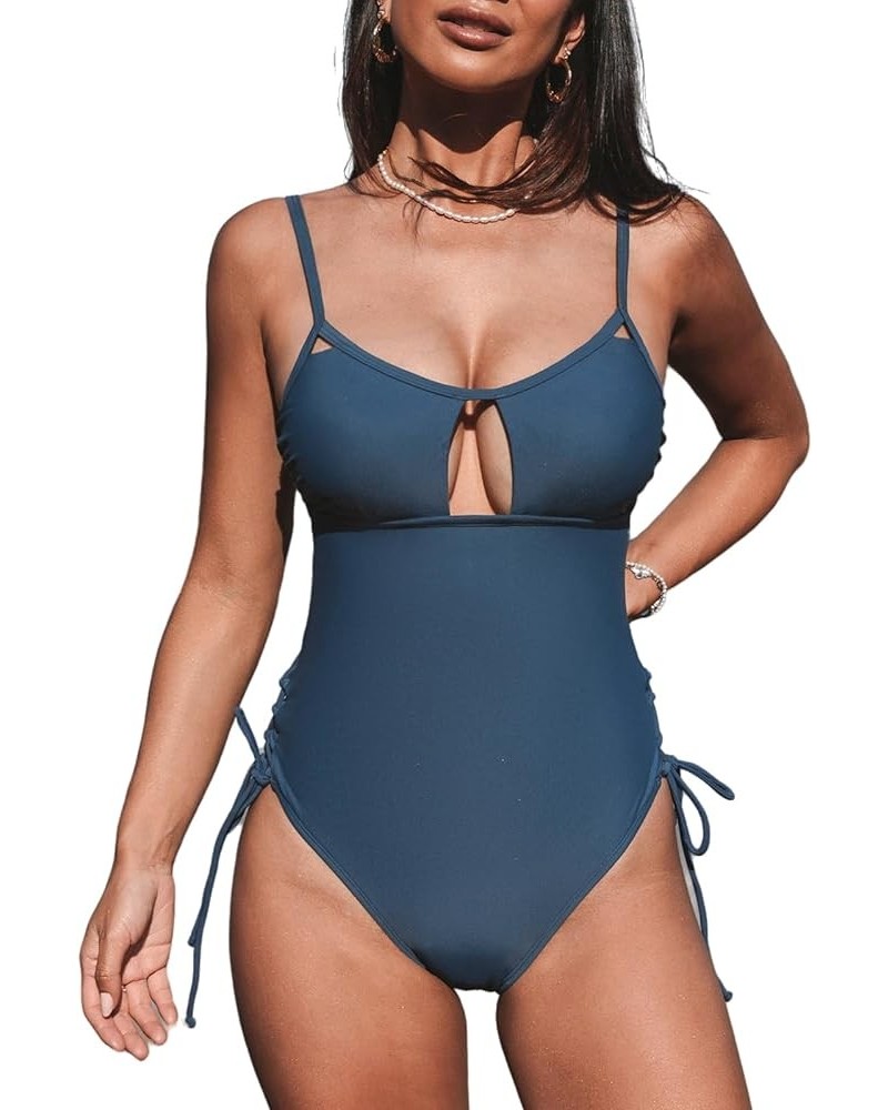 Women's One Piece Swimsuits Bathing Suits Scoop Neck Cutout Back Hook Drawstring Steel Blue $22.25 Swimsuits