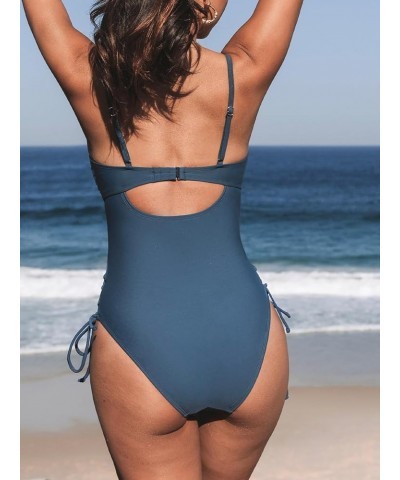 Women's One Piece Swimsuits Bathing Suits Scoop Neck Cutout Back Hook Drawstring Steel Blue $22.25 Swimsuits